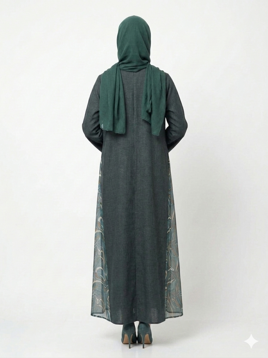 Rizqé Emerald Fusion Textured Cotton & Sheer Side Chiffon Abaya