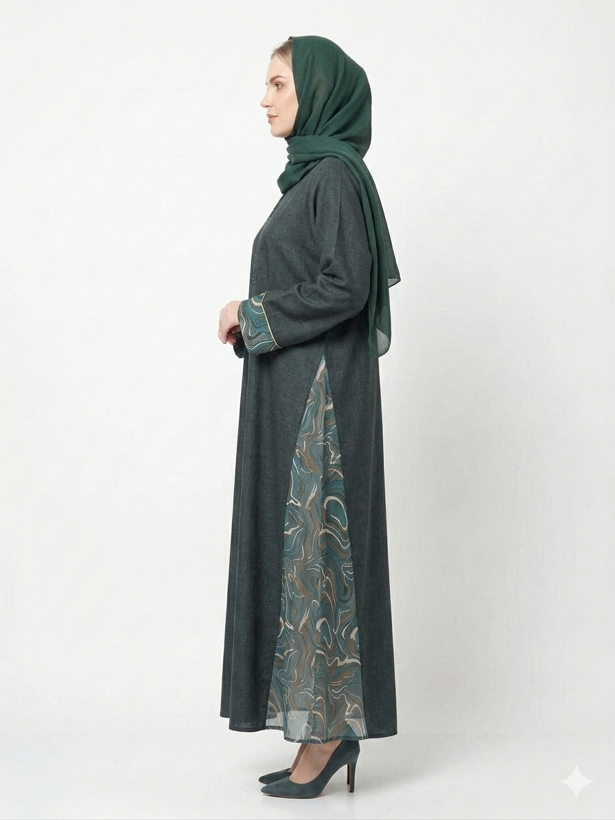 Rizqé Emerald Fusion Textured Cotton & Sheer Side Chiffon Abaya