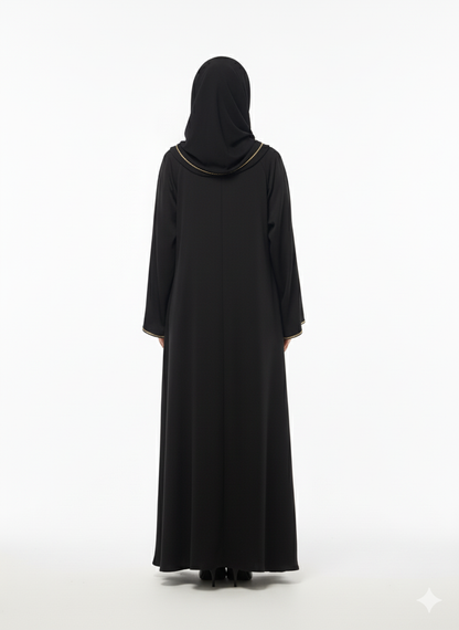 Black Abaya | Gold Trim Ribbon Detailing | Dramatic Bell Sleeve Silhouette | Rizqé Luxury Modest Wear