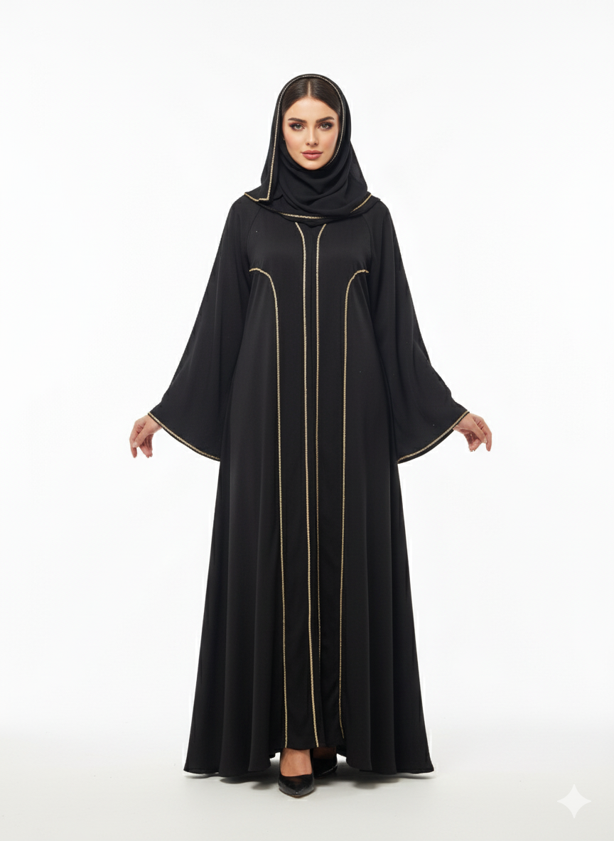 Black Abaya | Gold Trim Ribbon Detailing | Dramatic Bell Sleeve Silhouette | Rizqé Luxury Modest Wear
