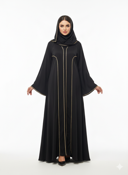 Black Abaya | Gold Trim Ribbon Detailing | Dramatic Bell Sleeve Silhouette | Rizqé Luxury Modest Wear
