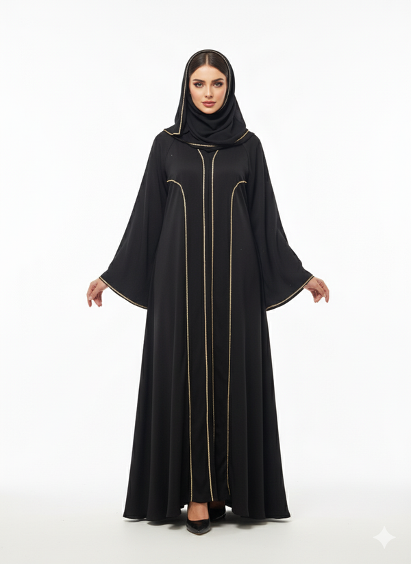 Black Abaya | Gold Trim Ribbon Detailing | Dramatic Bell Sleeve Silhouette | Rizqé Luxury Modest Wear
