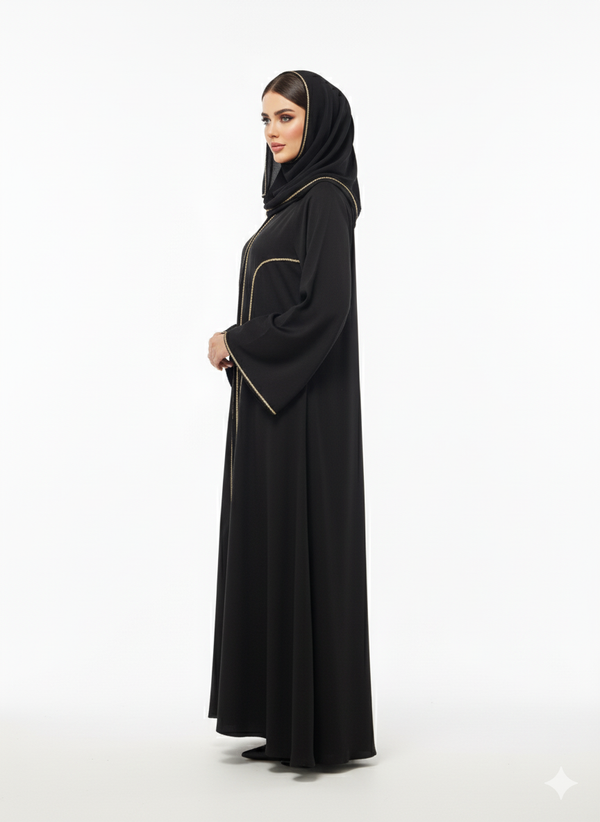 Black Abaya | Gold Trim Ribbon Detailing | Dramatic Bell Sleeve Silhouette | Rizqé Luxury Modest Wear