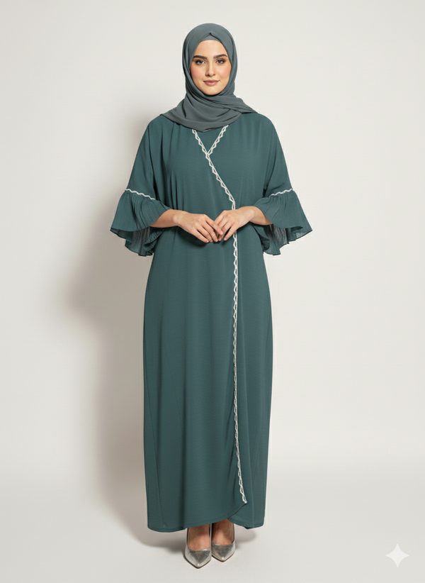 Korean Teal Abaya | Wrap Style Open Modest Dress | Pleated Flounce Sleeves with White Trim