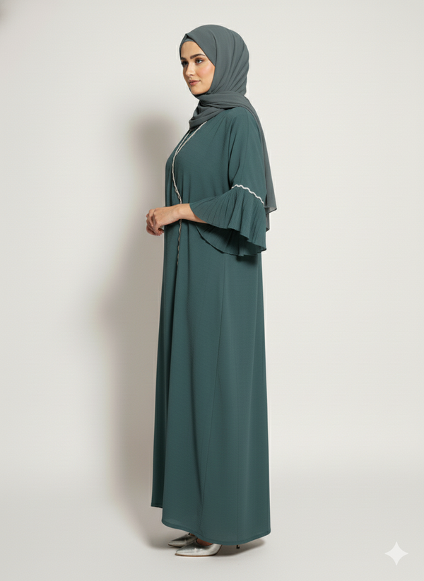 Korean Teal Abaya | Wrap Style Open Modest Dress | Pleated Flounce Sleeves with White Trim