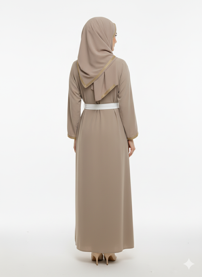 Taupe Open Abaya | Gold Trim Belted | Rizqé White Inner Dress Modest Fashion