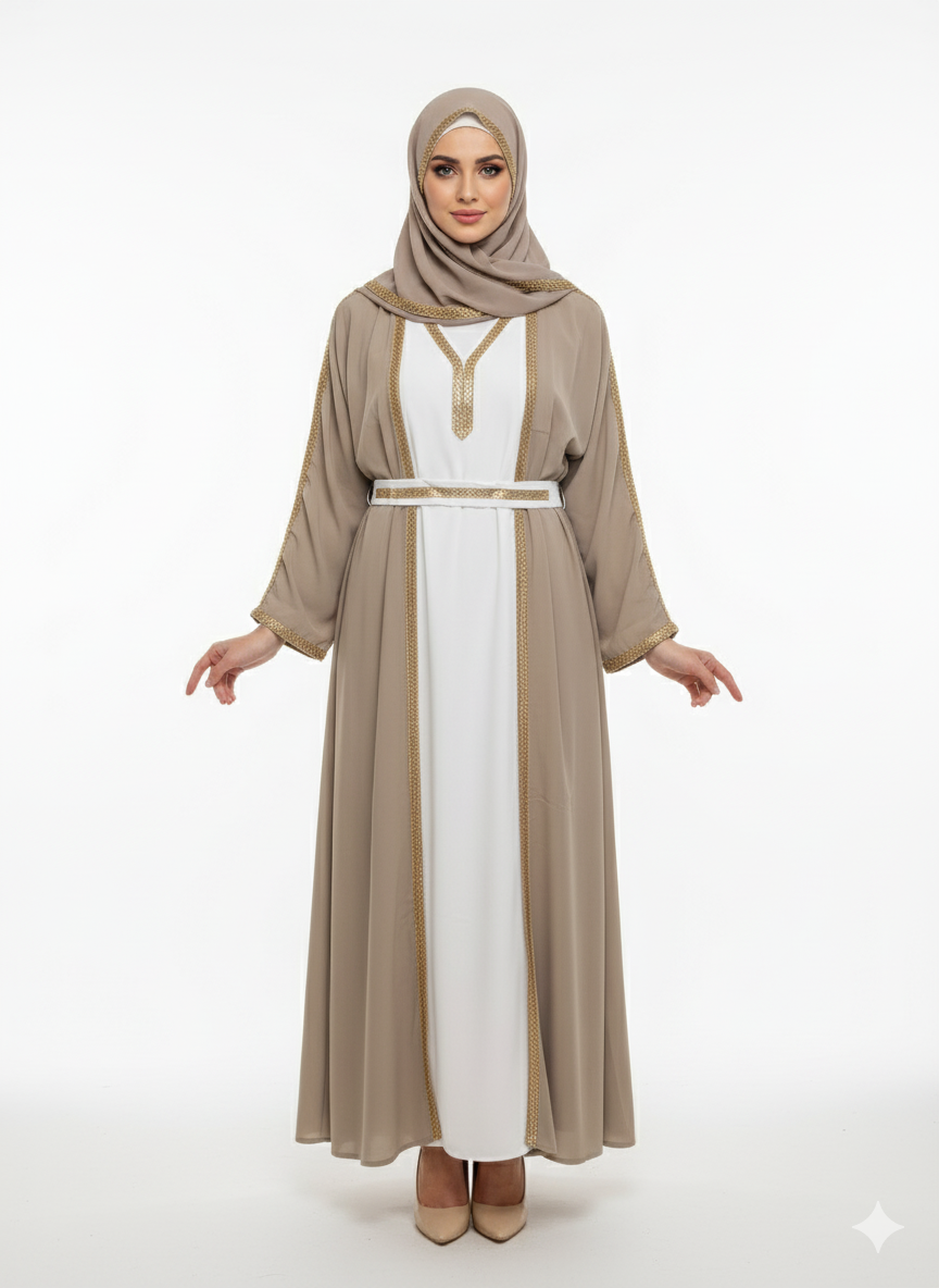 Taupe Open Abaya | Gold Trim Belted | Rizqé White Inner Dress Modest Fashion