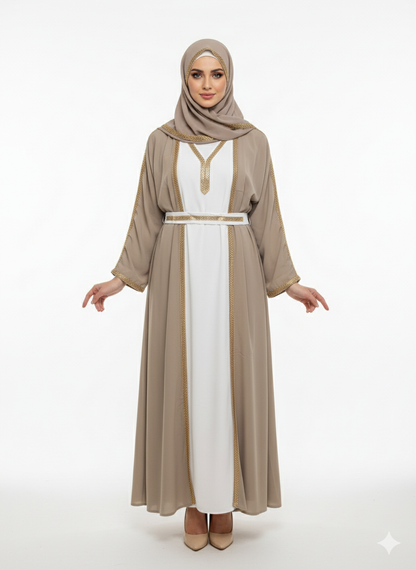 Taupe Open Abaya | Gold Trim Belted | Rizqé White Inner Dress Modest Fashion