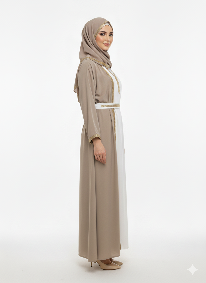 Taupe Open Abaya | Gold Trim Belted | Rizqé White Inner Dress Modest Fashion