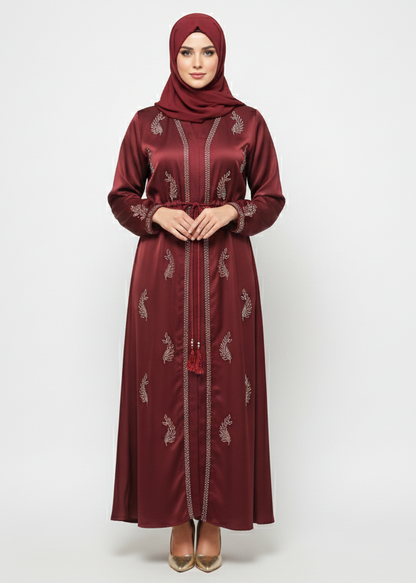 Burgundy Rizqé Satin Abaya | Silver Floral Embellishment | Tasseled Belt Luxury Modest Dress