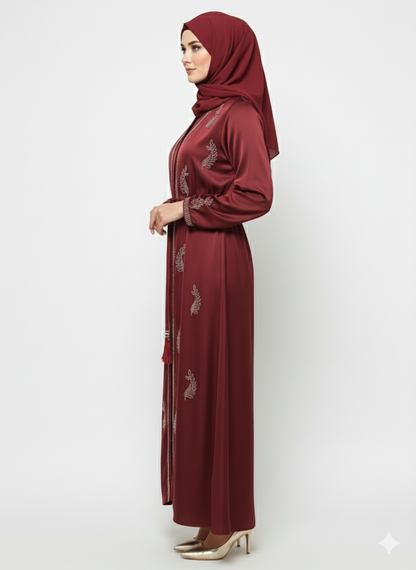 Burgundy Rizqé Satin Abaya | Silver Floral Embellishment | Tasseled Belt Luxury Modest Dress
