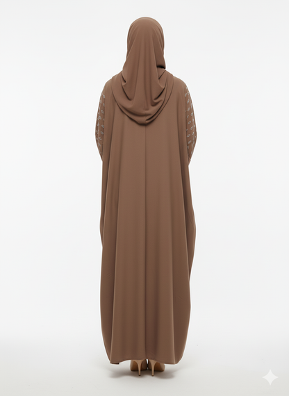 Rizqé Brown Abaya | Silver Embellished Hood & Shoulders | Batwing Silhouette Modest Dress
