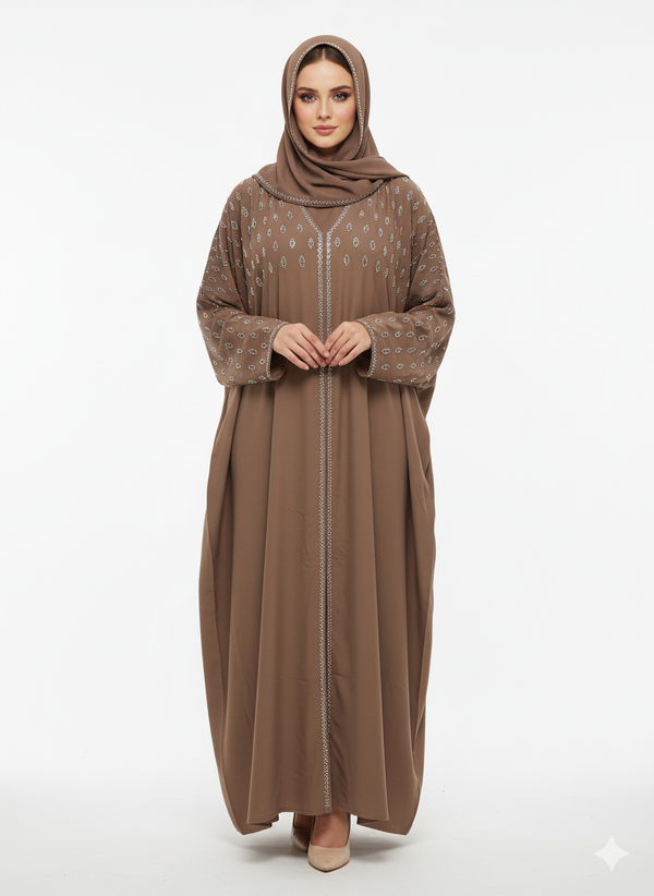 Rizqé Brown Abaya | Silver Embellished Hood & Shoulders | Batwing Silhouette Modest Dress