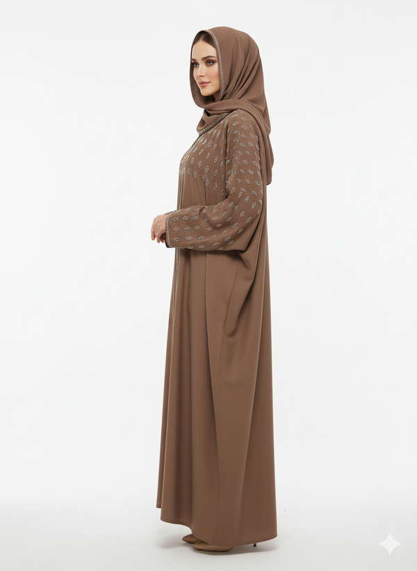 Rizqé Brown Abaya | Silver Embellished Hood & Shoulders | Batwing Silhouette Modest Dress