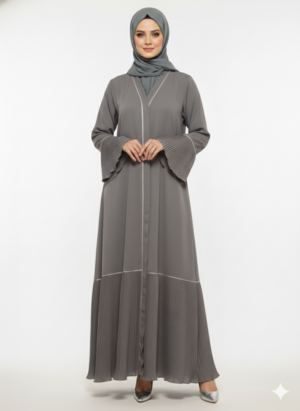 Designer Aria Grey Abaya | Micro-Pleated Hem & Flared Cuffs Silver Piping | Modest Rizqé Fashion