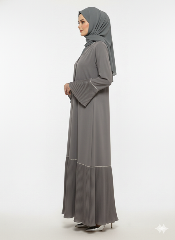 Designer Aria Grey Abaya | Micro-Pleated Hem & Flared Cuffs Silver Piping | Modest Rizqé Fashion