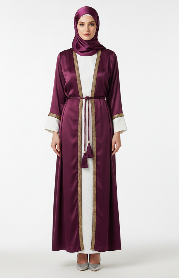 Rizqé Wine Satin Abaya | Gold Piping & White Contrast Cuffs | Regal Tasseled Belt Luxury Evening Wear