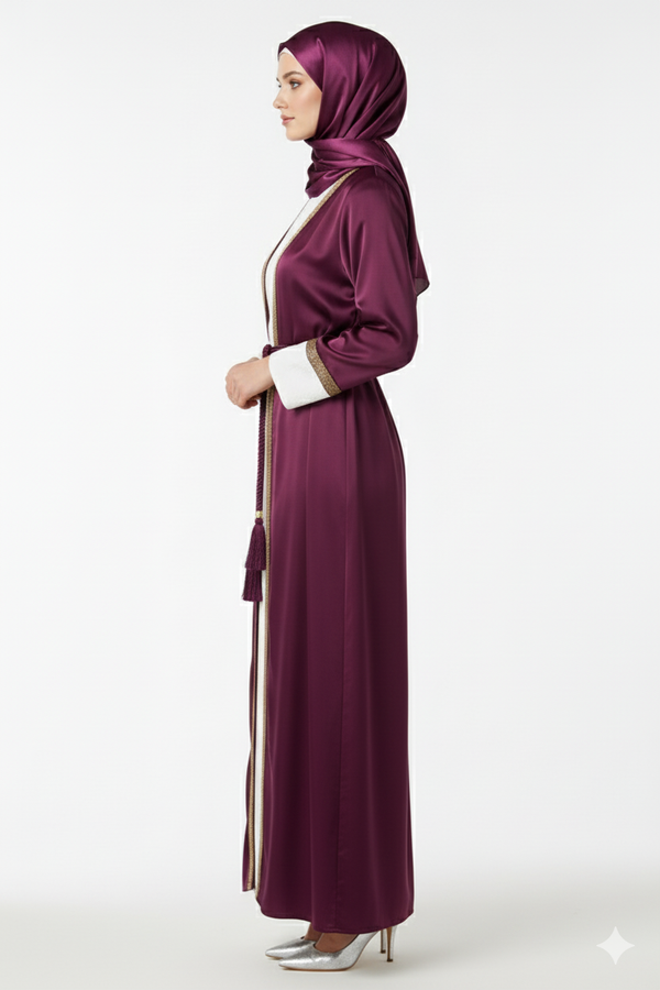 Rizqé Wine Satin Abaya | Gold Piping & White Contrast Cuffs | Regal Tasseled Belt Luxury Evening Wear