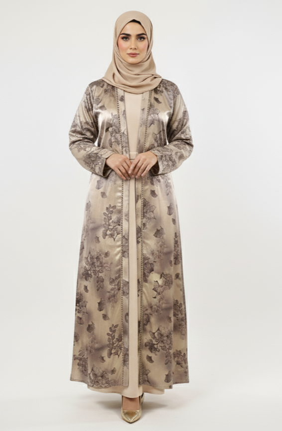 Korean Satin Abaya | Premium Embellished Printed Modest Dress | Rizqé Luxury Fashion
