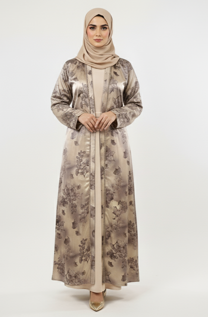 Korean Satin Abaya | Premium Embellished Printed Modest Dress | Rizqé Luxury Fashion