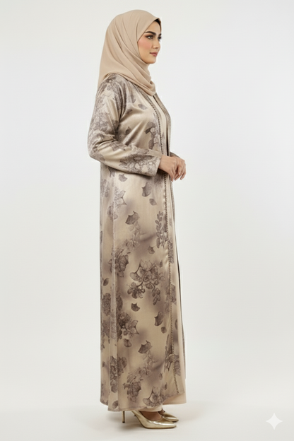 Korean Satin Abaya | Premium Embellished Printed Modest Dress | Rizqé Luxury Fashion