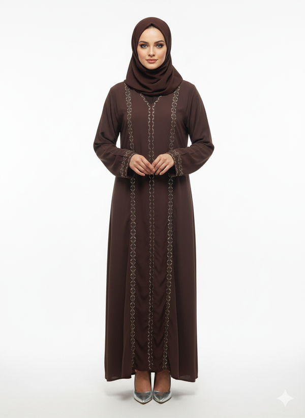 Cocoa Brown Chiffon & Satin Abaya | Rizqé Slim-Fit A-Line | Artisan Vertical Embellishment Modest Dress