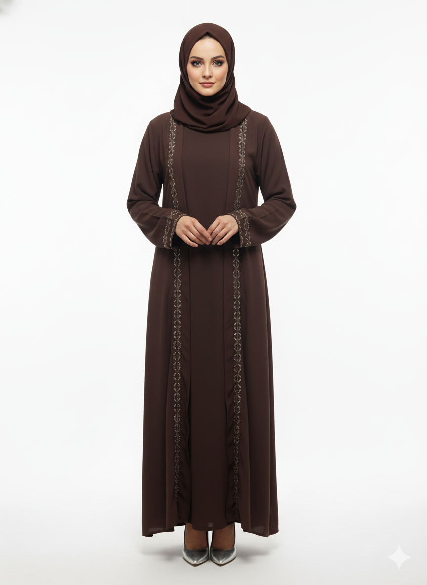 Cocoa Brown Chiffon & Satin Abaya | Rizqé Slim-Fit A-Line | Artisan Vertical Embellishment Modest Dress