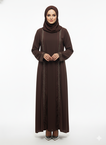 Cocoa Brown Chiffon & Satin Abaya | Rizqé Slim-Fit A-Line | Artisan Vertical Embellishment Modest Dress