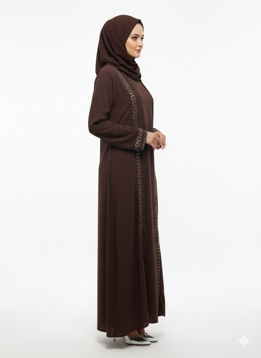 Cocoa Brown Chiffon & Satin Abaya | Rizqé Slim-Fit A-Line | Artisan Vertical Embellishment Modest Dress