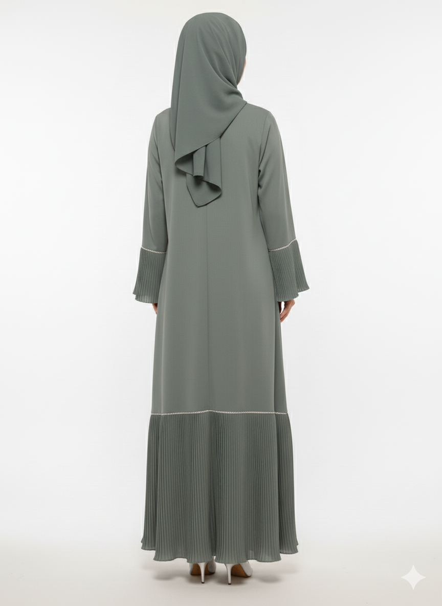 Rizqé Sage Green Abaya | Accordion Pleated Flared Cuffs & Hem | Silver Piped V-Neck | Modern Textural Modesty