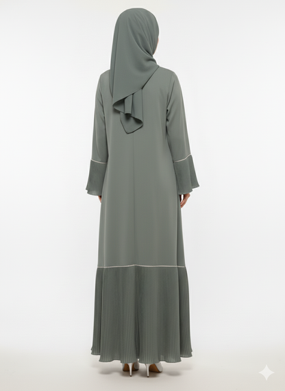 Rizqé Sage Green Abaya | Accordion Pleated Flared Cuffs & Hem | Silver Piped V-Neck | Modern Textural Modesty