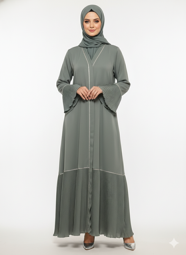 Rizqé Sage Green Abaya | Accordion Pleated Flared Cuffs & Hem | Silver Piped V-Neck | Modern Textural Modesty