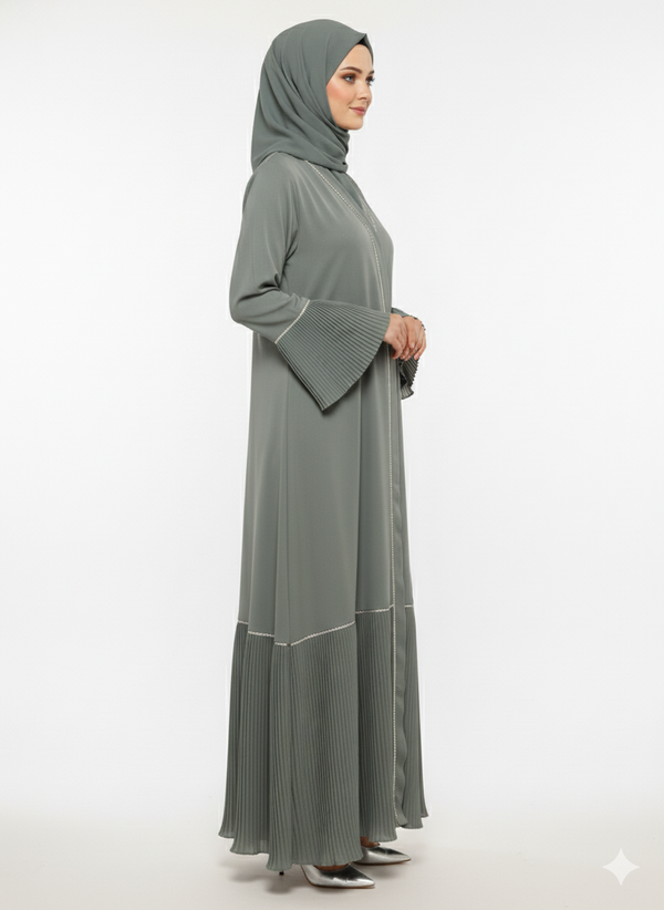 Rizqé Sage Green Abaya | Accordion Pleated Flared Cuffs & Hem | Silver Piped V-Neck | Modern Textural Modesty