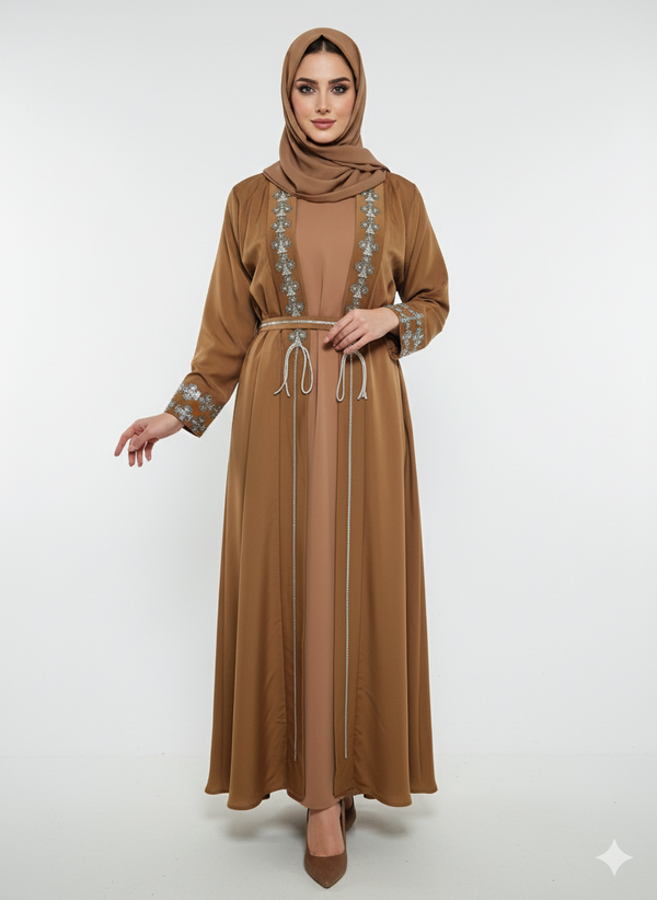 Premium Cocoa Brown Abaya | Diamond Embellished Open Jacket | Matching Inner with Waist-Tie Detailing
