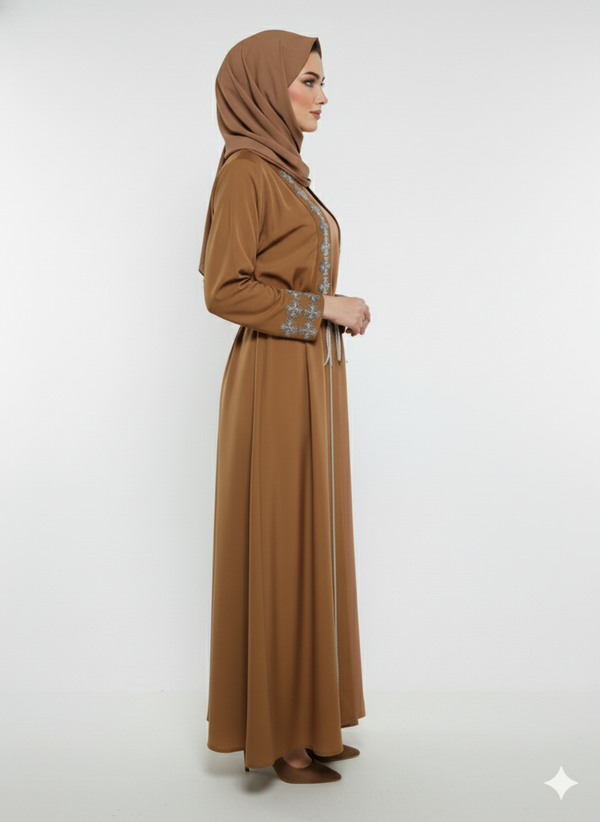 Premium Cocoa Brown Abaya | Diamond Embellished Open Jacket | Matching Inner with Waist-Tie Detailing