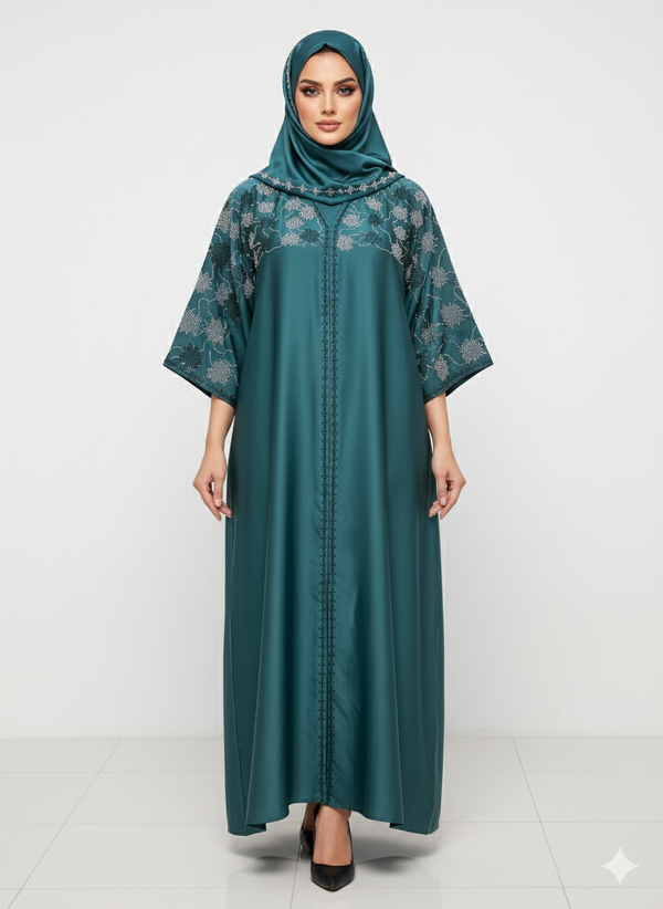 Rizqé Deep Emerald Green Abaya | Intricate Floral Silver Embellishment | Batwing Silhouette | Luxury Occasion Wear