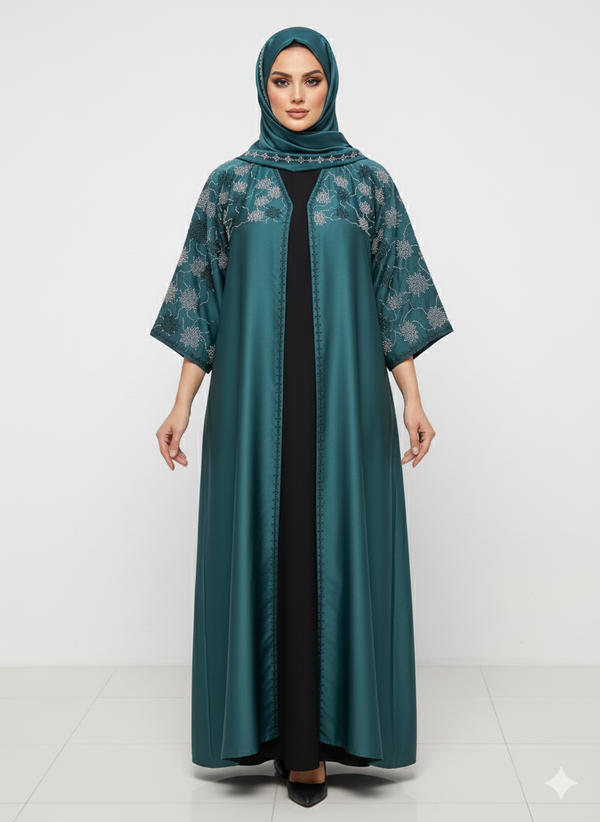 Rizqé Deep Emerald Green Abaya | Intricate Floral Silver Embellishment | Batwing Silhouette | Luxury Occasion Wear