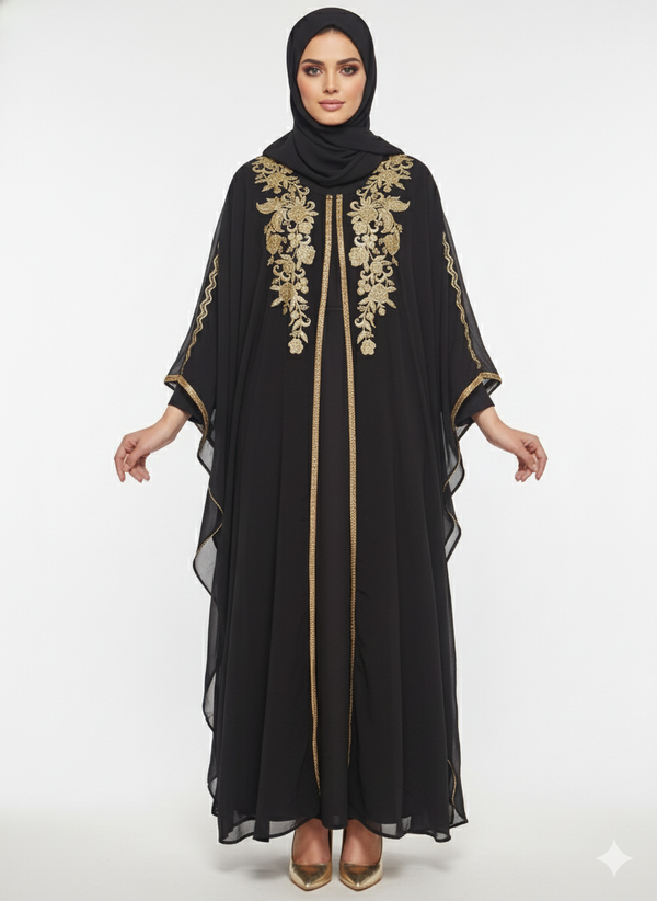 Rizqé Black Chiffon Butterfly Abaya | Opulent Gold Floral Embroidery | Flowing Kaftan Silhouette | Luxury Occasion Wear