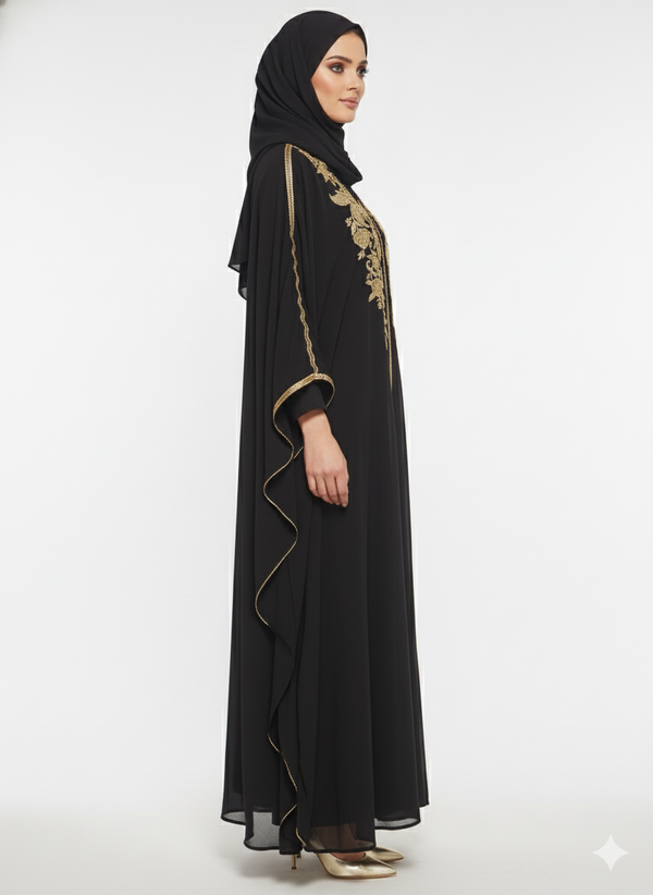 Rizqé Black Chiffon Butterfly Abaya | Opulent Gold Floral Embroidery | Flowing Kaftan Silhouette | Luxury Occasion Wear