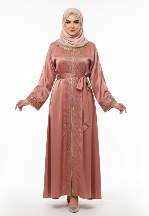 Rizqé Dusty Rose Satin Abaya | Gold Scalloped Embellishment | Tie-Waist Kimono Silhouette | Luxury Bridal/Evening Wear