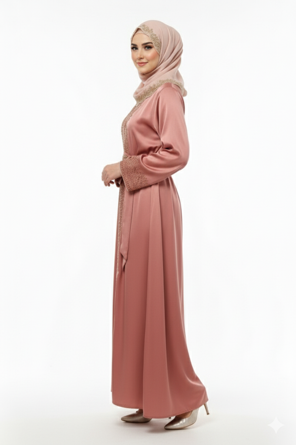 Rizqé Dusty Rose Satin Abaya | Gold Scalloped Embellishment | Tie-Waist Kimono Silhouette | Luxury Bridal/Evening Wear