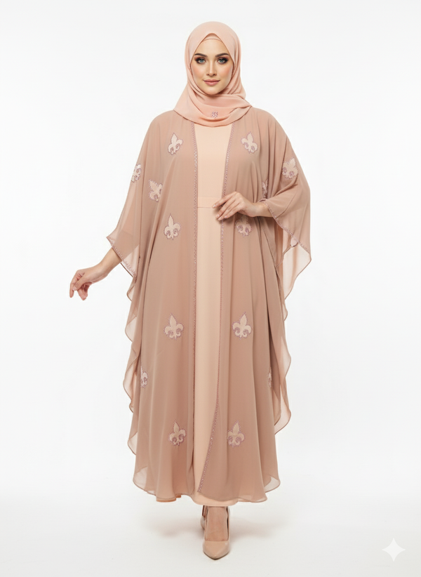 Rizqé Dusty Rose Chiffon Abaya | Fleur-de-lis Motif Embellishment | Flowing Butterfly Silhouette | Soft Pastel Occasion Wear
