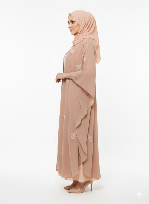 Rizqé Dusty Rose Chiffon Abaya | Fleur-de-lis Motif Embellishment | Flowing Butterfly Silhouette | Soft Pastel Occasion Wear