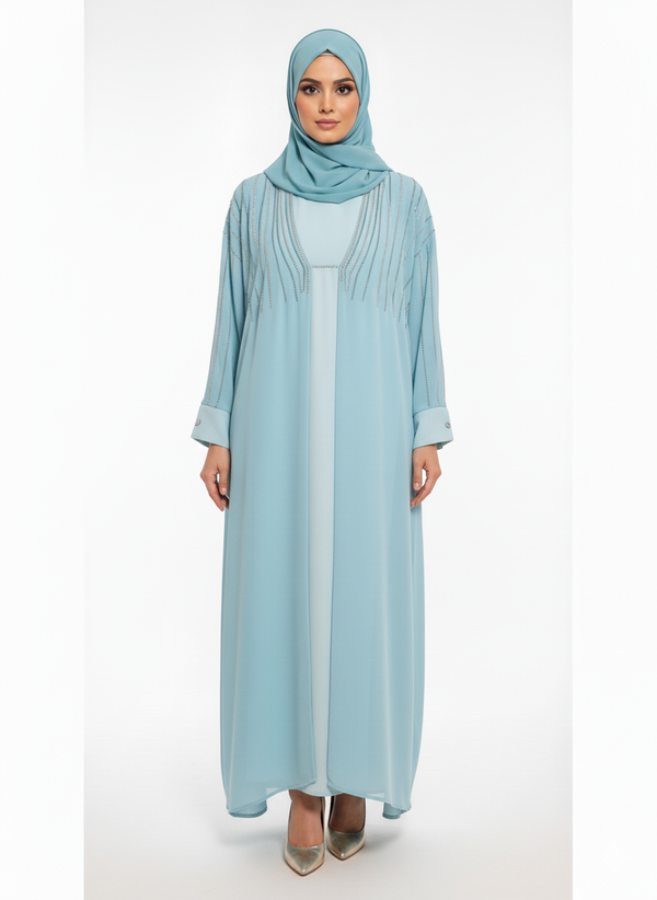 Rizqé Aqua Blue Chiffon Abaya | Silver Sequin Embellished Yoke | Flowing Butterfly Silhouette | Ethereal Occasion Wear