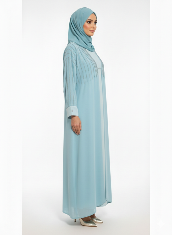 Rizqé Aqua Blue Chiffon Abaya | Silver Sequin Embellished Yoke | Flowing Butterfly Silhouette | Ethereal Occasion Wear