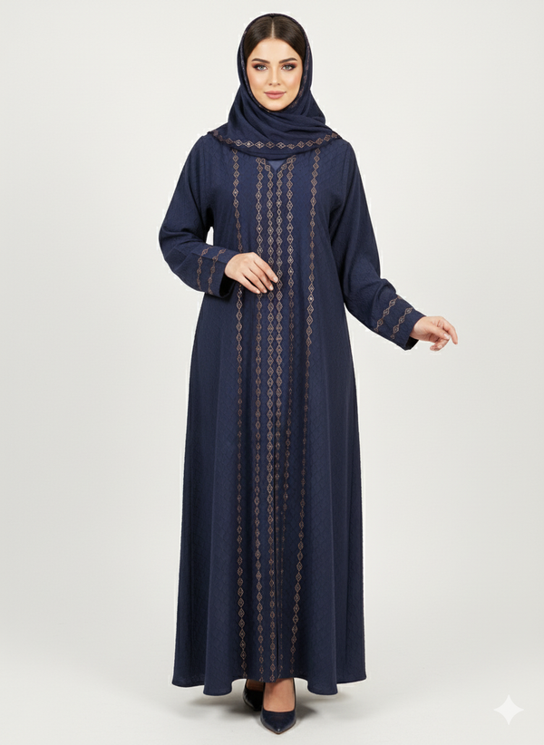 Rizqé Navy Blue Textured Abaya | Bronze Geometric Embroidery | Full Coverage A-Line Silhouette | Modern Modesty Dress