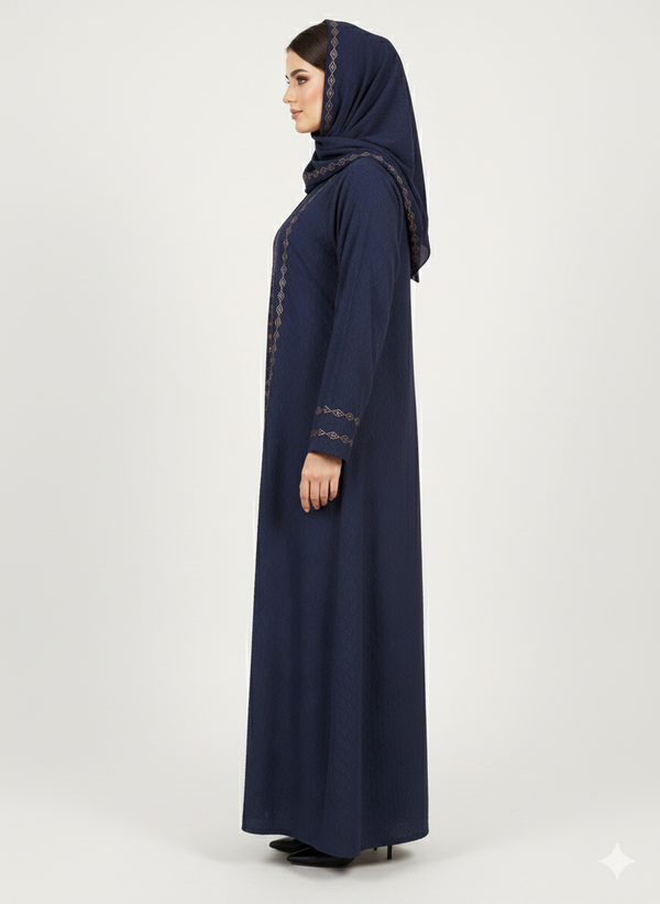 Rizqé Navy Blue Textured Abaya | Bronze Geometric Embroidery | Full Coverage A-Line Silhouette | Modern Modesty Dress