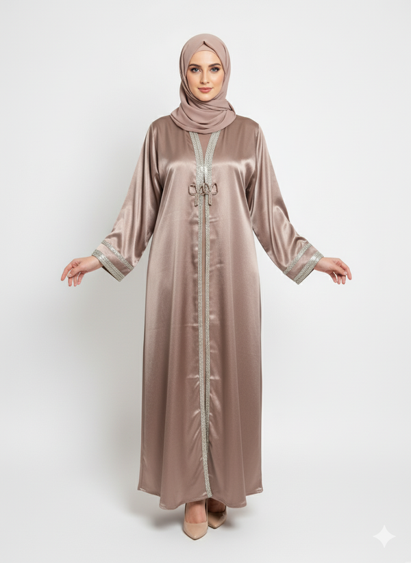 Rizqé Taupe Satin Open Abaya | Lustrous Fabric with Silver Embellished Trim |Elegant Evening Modesty Wear