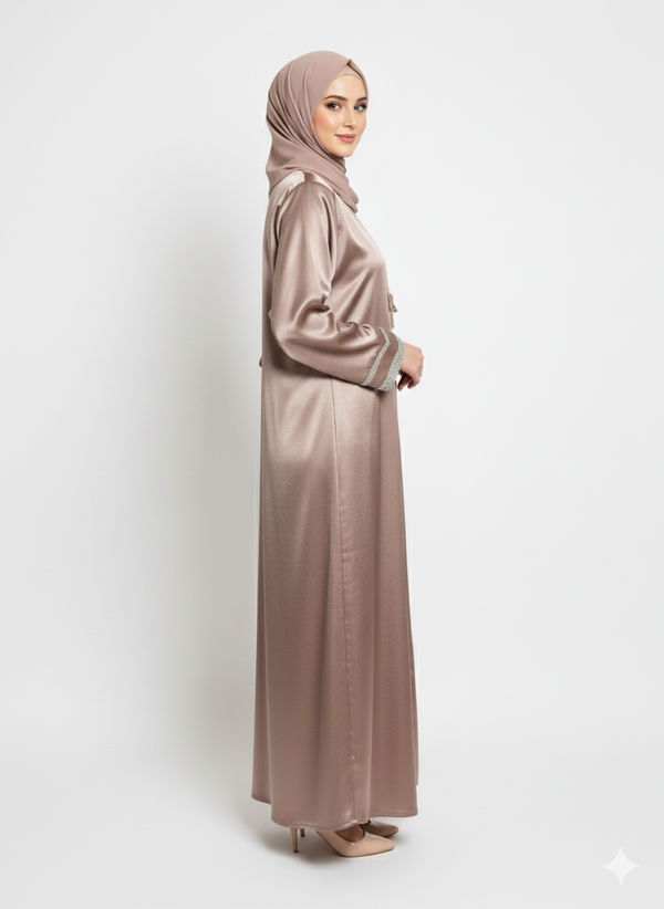 Rizqé Taupe Satin Open Abaya | Lustrous Fabric with Silver Embellished Trim |Elegant Evening Modesty Wear