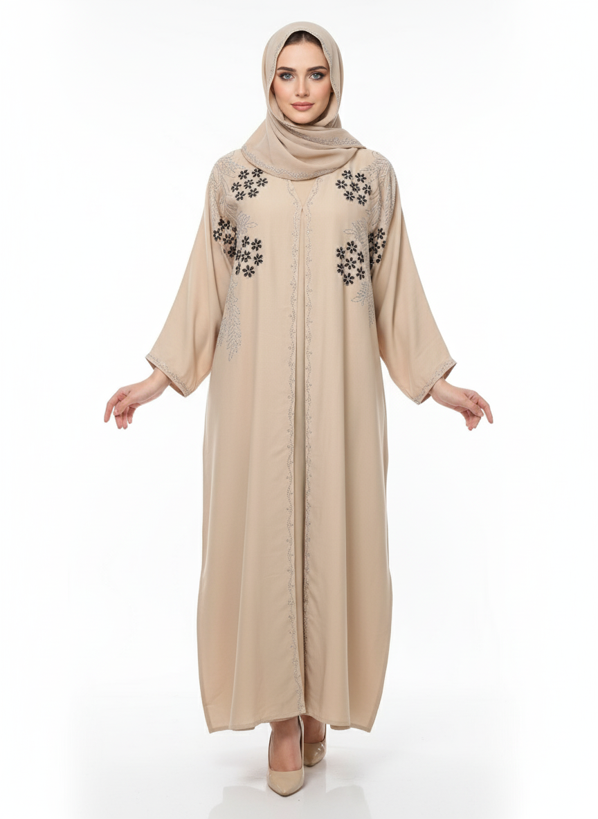 Premium Embroidered Abaya | Embellished Beige Modest Dress | Rizqé Luxury
